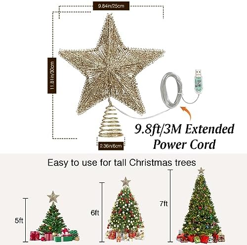 Lewondr Lighted Christmas Star Tree Topper with Remote & Timer, Champagne - Image 4