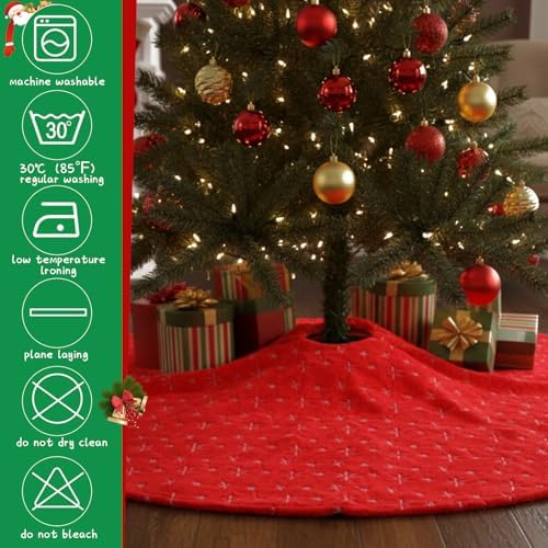 Libima 84 Inches Large Christmas Tree Skirt Faux Fur Red Xmas Tree Skirt Plush Velvet with Silver Sequins Snowflakes for Xmas Decorations Merry Christmas Party Winter Holiday Ornaments - Image 3