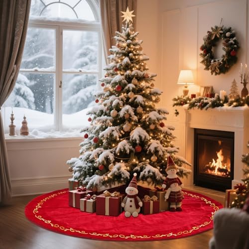 HyDren 100 Inch Velvet Christmas Red Tree Skirt (Classical Style) by HyDren