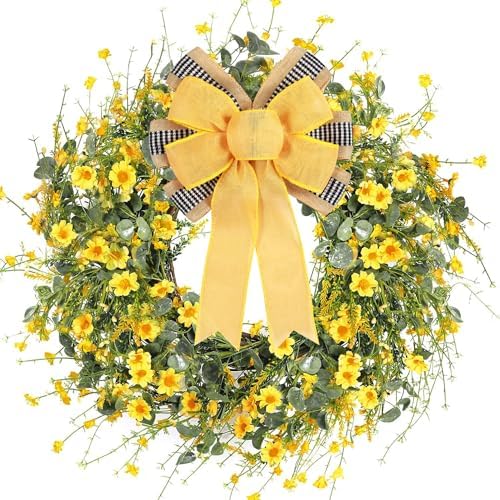 2 PCS Spring Summer Wreath Bow Decor,Decorative Bow with Yellow Burlap and Black White Stripe Ribbon for Holiday Tree Topper Home Front Door Outdoor - Image 5