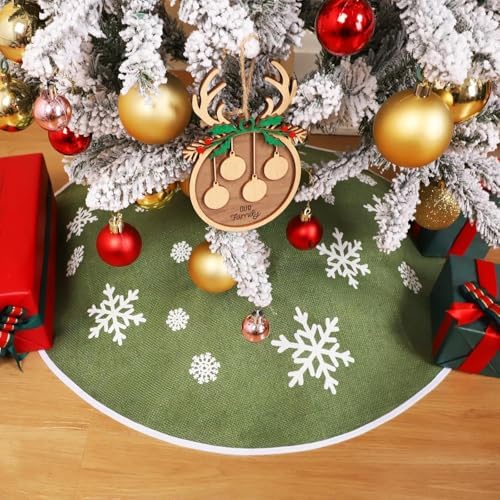 23 Inch Burlap Christmas Tree Skirt with White Snowflakes, Green - Image 2