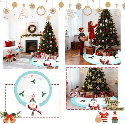 48in Christmas Tree Mat for Under Tree,Blue and White Christmas Tree Skirt for 7.5FT Tree,Rustic 3D Snowman Xmas Tree Mat Decorations Winter New Year Holiday Party Decor Indoor Outdoor - Image 6