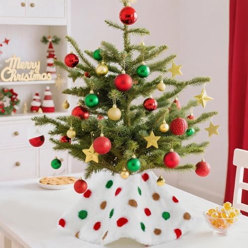 Christmas Tree Skirt 36 Inches White Mat Red and Green Brown Polka Dot Style Tree Skirt for Holiday Party Christmas Decoration - Image 6
