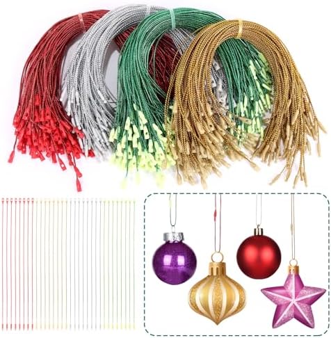 GWHOLE 400Pcs Christmas Ornament Hooks, Chrsitmas Ornament Hangers String with Snap Fastener for Hanging Christmas Ornaments Crafts Gift Tag (Gold, Silver, Red, Green) by GWHOLE