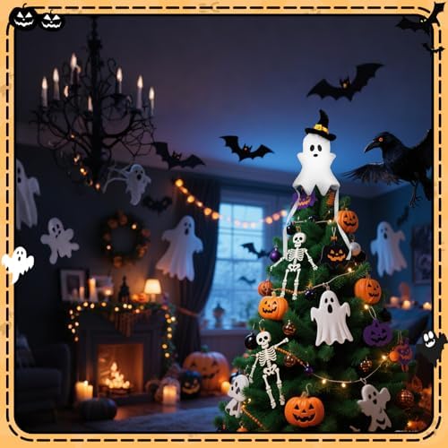 11.8'' White Ghost Plush Halloween Tree Topper with Witch Hat - Image 5