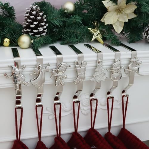 Christmas Stocking Holder for Mantle Set of 7, Reusable Christmas Stocking Hooks, No-Damage Xmas Hanger for Fireplace mantle Grip Stand Christmas Decoration Ornaments Hanging Sliver Shelf Floor by XENTUMI