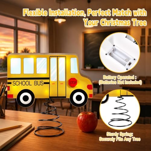 7.9 x 7.9 Inch Wooden School Bus Lighted Back to School Tree Topper - Image 4