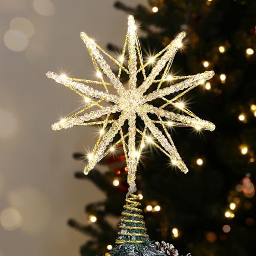 Luxspire Christmas Tree Topper, Lighted Star Tree Topper with USB Remote Control, 10" Clear Metal Decorations Lights,Light Up Xmas Stars Vintage Modern Ornaments for Home Party, Decagram Star-Gold by Luxspire