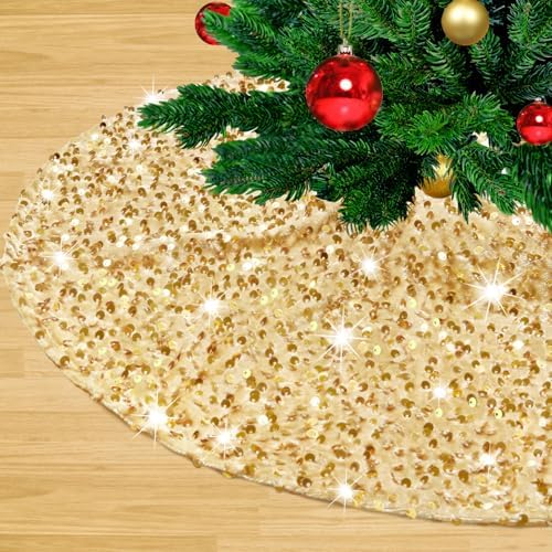 Christmas Tree Skirt 48 Inches Large Tree Skirt Gold Velvet Sequin Tree Skirt Xmas Tree Mat for Merry Christmas Party Christmas Tree Decoration by LJIE-House