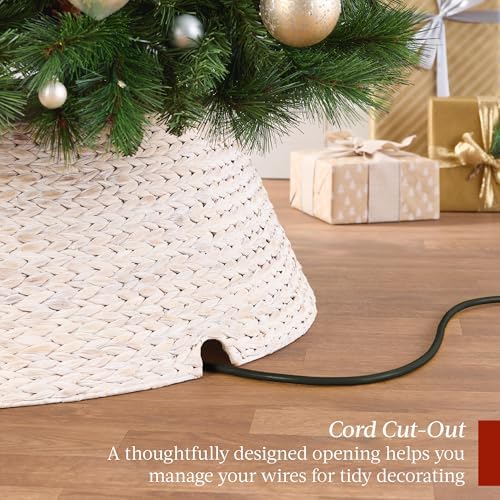 Best Choice Products 24in Christmas Tree Collar, Woven Hyacinth 3-Piece Holiday Rattan Tree Skirt Accessory for Home w/Cord Cut-Out - Transparent White - Image 3