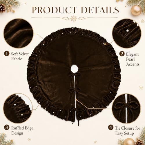 Christmas Tree Skirt, Dark Brown Velvet with Ruffled Pearl Trim, 60 Inch - Image 5