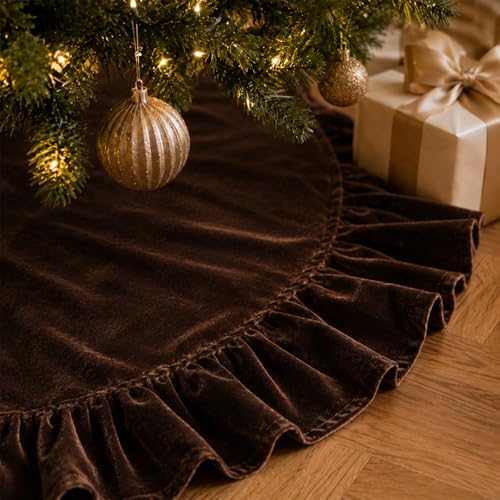 35-Inch Chocolate Brown Ruffled Velvet Christmas Tree Skirt with 3 Bow Ties, Round Pleated Vintage Xmas Tree Base Cover for Holiday Home and Party Decor, 90 cm - Image 2