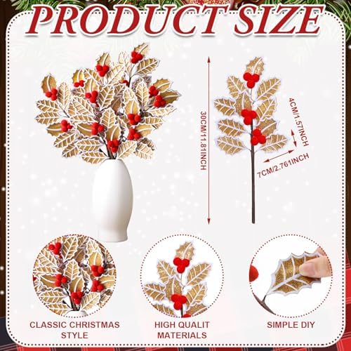 Janinka 8 Pcs Christmas Gingerbread Poinsettia Picks Tree Topper Picks with Berries Gingerbread Poinsettia Flower with Gold Glitter 11.8 Inches Christmas Tree Ornaments for Xmas Home Vase Decor - Image 4