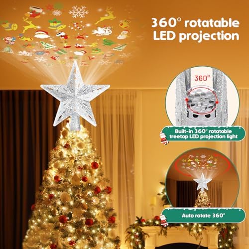 Mrrihand Christmas Tree Topper Lighted with 6 Projection Modes, Christmas Star Tree Topper Built-in LED Rotating Lights, Silver 3D Glitter Dynamic Projection for Christmas Tree Decorations - Image 3