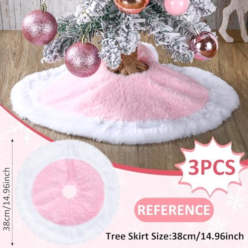 Civaner 3 Pack Faux Fur Mini Winter Tree Plush Skirt Pink with White Plush Tree Mat 15 Inches Skirt for Winter Holiday Party Indoor Outdoor Home Decoration - Image 3