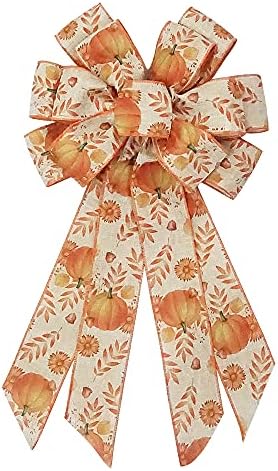 Large Fall Bows for Wreath, Thanksgiving Pumpkin Wreath With Autumn Leaves, Tree Topper Bow, Orange Burlap for Holiday Front Door, Fall Thanksgiving Decorations Supplies by Hying