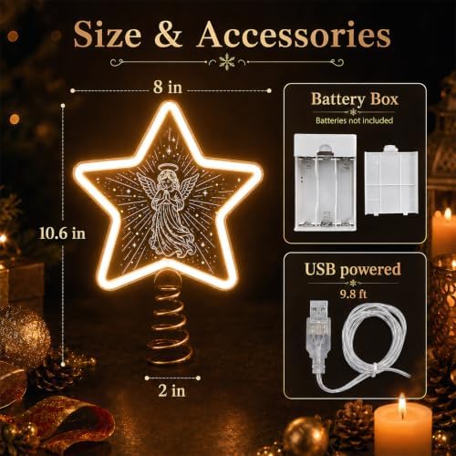 Christmas Angel Tree Topper, Warm White LED Light, USB or Battery Operated - Image 3