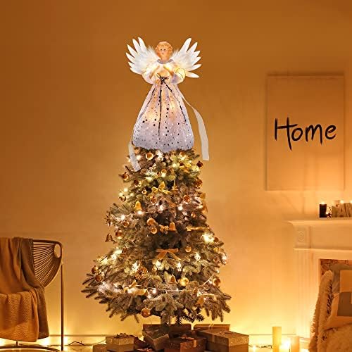 PEEKI Christmas Tree Topper, 12" Angel Treetop with Lights and Remote Control Timer, Christmas Tree Decoration for Holiday Ornament and Home Decor, Ivory and Sliver - Image 2