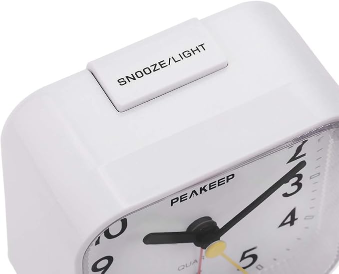 Peakeep Small Battery Operated Analog Travel Alarm Clock Silent | No Ticking, Lighted on Demand and Snooze, Beep Sounds, Gentle Wake, Ascending Alarm, Easy Set (White) - Image 3
