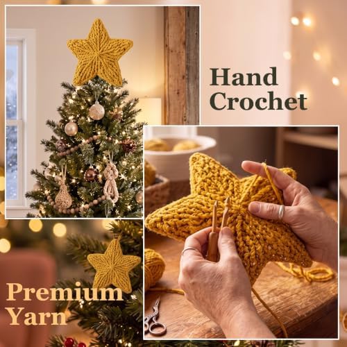 Syhood 10 Inch Crochet Star Christmas Tree Topper Golden Christmas Ornament Glitter Star Farmhouse Holiday Xmas Decor for Xmas Trees Ornament Party Decoration - Image 4