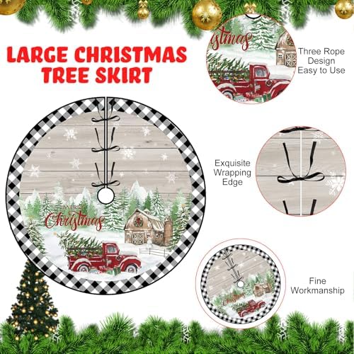 Blosssound Christmas Tree Skirt Buffalo Plaid Retro Red Truck Xmas Tree Skirt for Winter Holiday Farmhouse Christmas Party Decoration(48 Inch,Truck,Black White) - Image 2