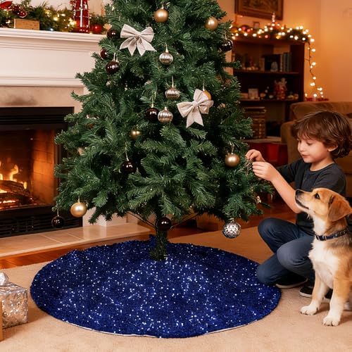 Christmas Tree Skirt 48 Inch, Blue Sequin Christmas Trees Skirt, Large Sparkle Xmas Tree Stand Base Used for Christmas Holiday Indoor Home Decoration - Image 5