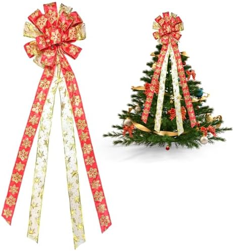Decorations Christmas Tree Topper, Large Glittered Snow Flakes Decor Bow with Glitter Satin Streamer Christmas Ornament for Your Christmas Indoor Party Holiday Decoration & Gift, 48x13.8 Inch by K+KIRKWOOD+KITCHEN