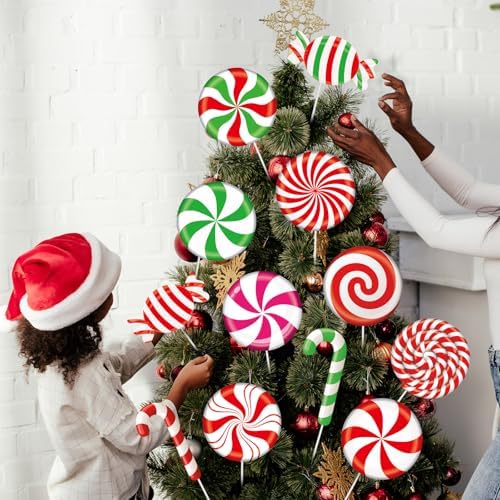 24 Pcs Large Christmas Decorations Indoor: Swirl Lollipop Christmas Tree Picks Red Green Candy Cane Design Decorations for Xmas Tree Topper Home Office Party Vase Decor - Image 4