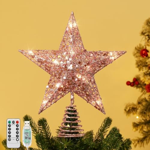 Lewondr Christmas Star Tree Topper with Lights and Sequins, Pink by Lewondr