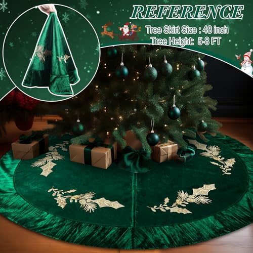 48 Inches Velvet Christmas Tree Skirt Decorations Green Luxury Xmas Fur Plush Skirts with Gold Embroidered Holly for Merry Christmas Party Rustic Vintage Holiday Home Winter - Image 3