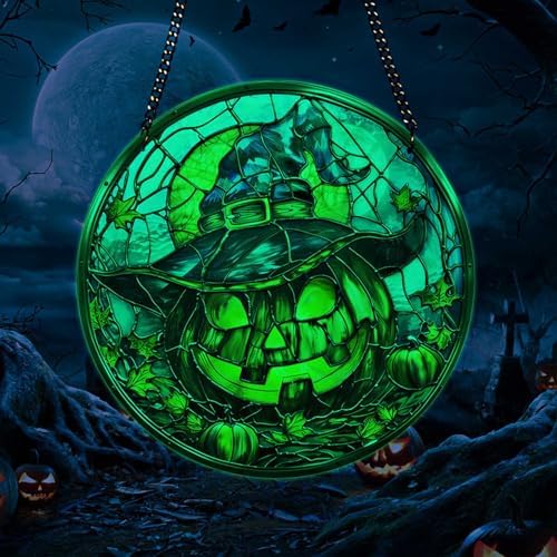 7.9inch Halloween Acrylic Stained Glass Window Hanging Decor Glow in Dark Spooky Pumpkin Wearing a Witch Hat Ornament with Metal Chain & Suction Cup Hook Wall Door Yard Pendant(B) - Image 5