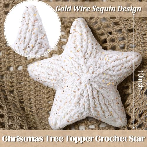 Syhood 10 Inch Crochet Star Christmas Tree Topper Boho Christmas Ornament Glitter Star Farmhouse Holiday Xmas Decor for Xmas Trees Ornament Party Decoration - Image 2