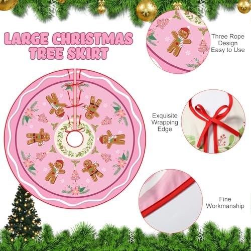 Blosssound Christmas Tree Skirt,48 Inch,Gingerbread Man,Pink, Green - Image 2