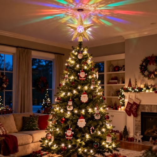 Gold Rotating Christmas Tree Topper Star with RGB LED Lights, 3D Crystal Diamond Center, Spinning Projection, Glitter Design Tree Decor with Power Cord for Holiday, Party, Christmas Celebration - Image 5
