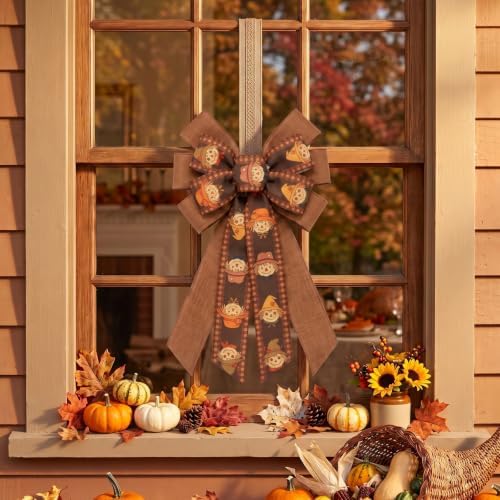 Large Thanksgiving Fall Wreath Bow, Orange Scarecrow Tree Topper Bows - Image 5