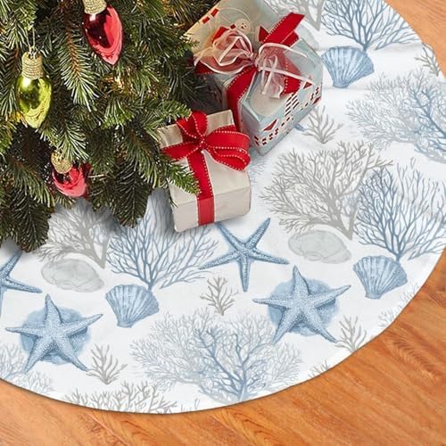Christmas Tree Skirt, Summer Seashell Beach Starfish Xmas Large Tree Mat, Party Decorations 30" inches - Image 3