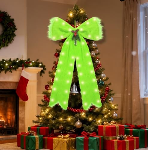 Large Christmas Tree Topper Bow with Lights, Christmas Tree Door Decorations Velvet Plush Hanging Ornaments, Lime Green Bow Berries Wreath for Party Wall Window Mantel Gifts, 47" x 17" by Amailtom