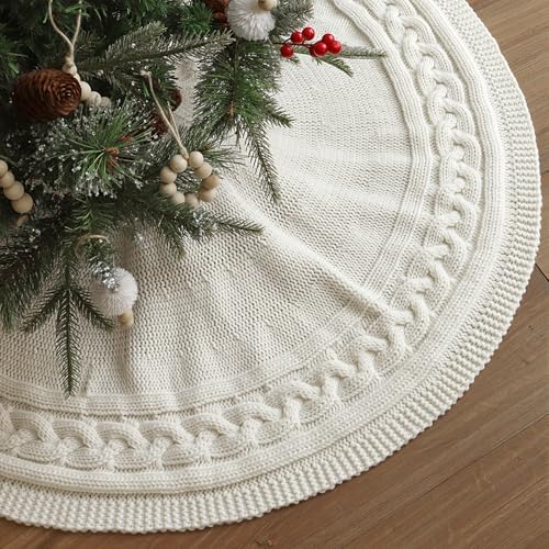 Christmas Tree Skirt 36 Inches: Braided Cable Knit Round Cream White Tree Skirt, Thick Rustic Christmas Tree Decorations Neutral Christmas Decor Christmas Tree Skirts for Xmas Home Party Supplies - Image 4
