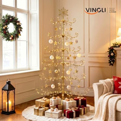VINGLI 6ft Metal Christmas Ornament Tree Stand, Decorative Iron Display Tree w/ 192 Branches, Snowflake Topper, Ornament Display for Hanging Balls, Wrought Iron Xmas Tree Holiday Decorations, Gold - Image 3