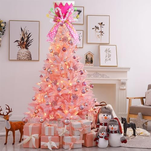 Christmas Tree Topper Hat, Candy Canes Tree Topper, Pink Tree Topper Christmas Decorations with Bow Ribbon Christmas Tree Ornaments for Home Decor - Image 4