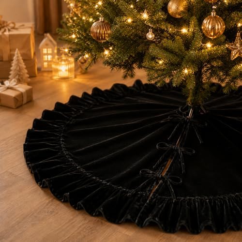 60-Inch Black Ruffled Velvet Christmas Tree Skirt with Bow Ties, Extra Large Vintage Round Pleated Xmas Tree Base Cover for Christmas Holiday Home and Party Decor, 150 cm by AtiMing