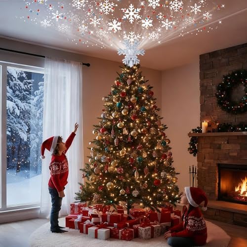 Christmas Tree Topper Lighted with LED Rotating Silver Snowflake Projector, 3D Hollow Glitter Lighted Snow Tree Topper for Xmas New Year Party Holiday Christmas Decorations - Image 2