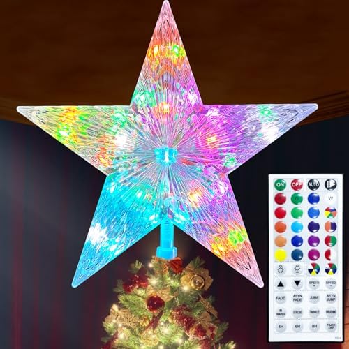 Christmas Tree Topper Star 9.0" LED Lighted Star Tree Top w/Remote Control, 128 Light Modes, Color Changing, Dimmable, Timer, USB Plug in, Wire 16.4Ft Treetop for Xmas Holiday Party Gift Decorations by Kifiray