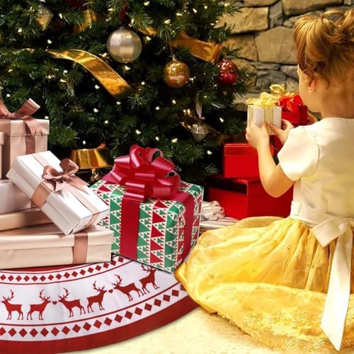 Christmas Tree Skirt 48 inch Tree Skirt Large Snowflake Reindeer Red Xmas Tree Skirt Rustic Christmas Decorations for Winter New Year Holiday Party Decor Indoor Outdoor (48in Large) - Image 2