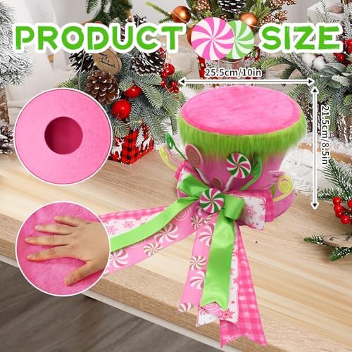 Pink Christmas Decor, Velvet Green Christmas Tree Topper Hat, Candy Cane Christmas Decorations Inddoor, Pink Ribbon Bow Topper Hat with Green Plush, Christmas Winter Holiday Decorations for Home - Image 6
