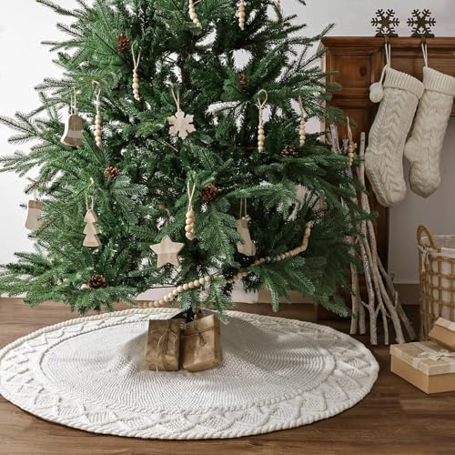 48 inch Christmas Tree Skirt: Diamond Edge Knit Tree Skirt for 7.5ft Tree, Cream White Tree Skirt, Vintage Tree Skirts, Rustic Farmhouse Christmas Decorations - Image 4