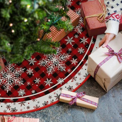 AVOIN colorlife Buffalo Plaid Snowflake Christmas Tree Skirt 48 Inch, Winter Holiday Tree Mat Decoration - Image 2