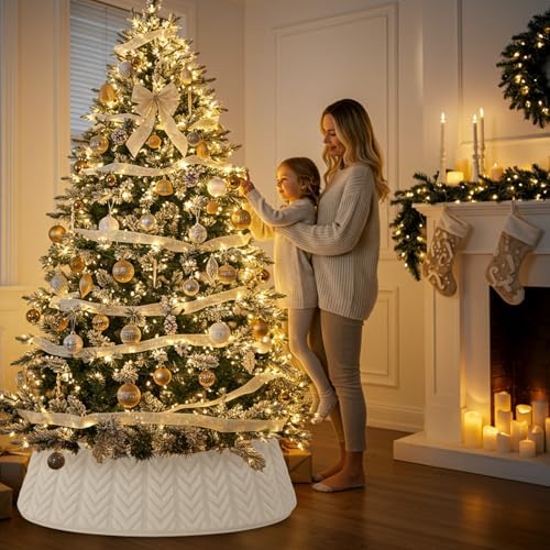 OurWarm Adjustable White Christmas Tree Collar, Rustic Faux Fur Tree Skirt for Xmas Trees Decorations, Farmhouse Christmas Tree Ring Base Cover Modern Boho Holiday Winter Decor - Image 5
