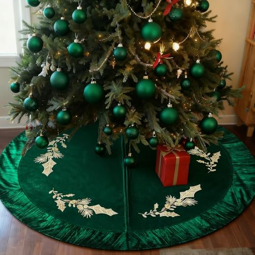 48 Inches Velvet Christmas Tree Skirt Decorations Green Luxury Xmas Fur Plush Skirts with Gold Embroidered Holly for Merry Christmas Party Rustic Vintage Holiday Home Winter by QIJISTORM