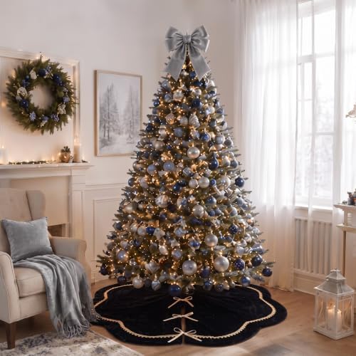 Arrowbash 48 Inch Black Christmas Tree Skirt Velvet Fur Scallop Tree Skirt Sparking Gold Lace Trim for Party Rustic Xmas Holiday Decorations All Year - Image 4